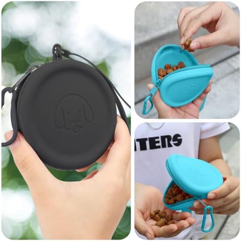 Silicone Dog Treat Pouch Small Bag,2PCS Pet Walking Bag for Dog and Cat,Pocket Size,Easy to Clean, Odorless, Zipper Design,Moisture-Proof,Travel Walking Bag,Portable Training Bag(Lake Blue&Black)