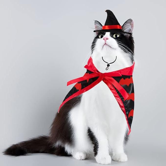 Estivaux Pet Halloween Costumes Dogs Cats Halloween Vampire Pets Costume Cape with Black Red Witch Hat Wizard Cats Cosplay Clothes Apparel for Small Dogs Cats Halloween Party Decorations