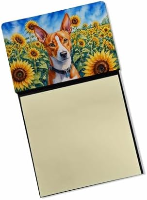 Caroline's Treasures Basenji in Sunflowers Watercolor Sticky Note Holder Refillable Dispenser Desk Accessory 3x3 Pad Gift