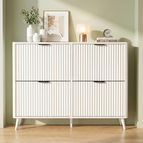 KIGOTY Narrow Shoe Storage Cabinet, Shoe Cabinet with 4 Flip Drawers, Freestanding Shoe Organizer with Legs for Entryway, Slim Shoe Rack Cabinet for Enterway (White, 4 Flip Drawer)