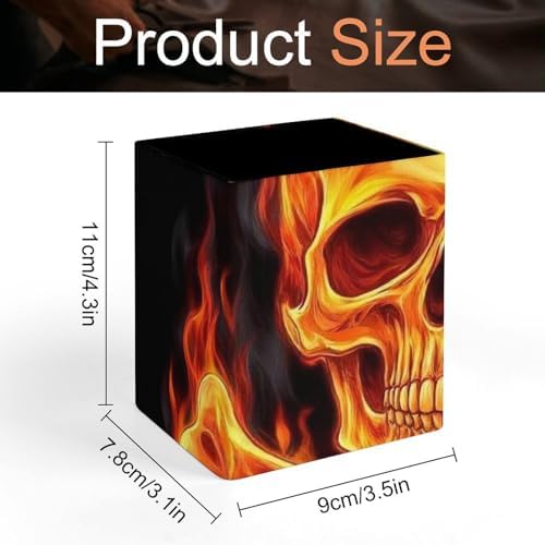 Cute Desktop Stationery Organizer Makeup Brush Cup Fire Flaming Skull Crossbones Leather Pen Holder