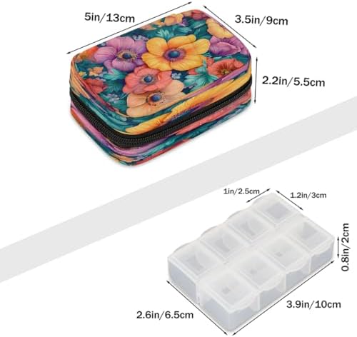 Pill Organizer Box Flower Flowers Colorful 7-Day Weekly Medicine Pill Case Travel Pill Container Portable Pill Holder Storage Purse Bag Small Compact Size for Vitamin Supplement Birth Control