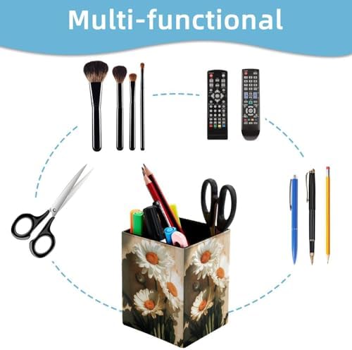 Wooden Board and Daisies Pen Holder for Desk Decor, Rectangular PVC Leather Pencil Cup for Desk Pen Organizer, Makeup Brush Holder for School, Home, Office
