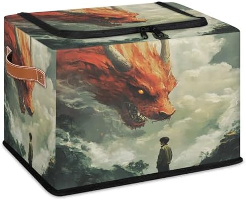Animal Dragon Storage Bins with Zipper Lid Foldable Fabric Organizer Box with Handles Rectangular Closet Clothes Organizer Containers