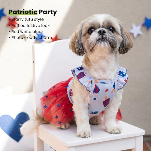 Fitwarm 4th of July Ice Pop Dog Dress, Patriotic Clothes for Small Dogs Girl, Festive Pet Outfit, Blue, Red, Medium