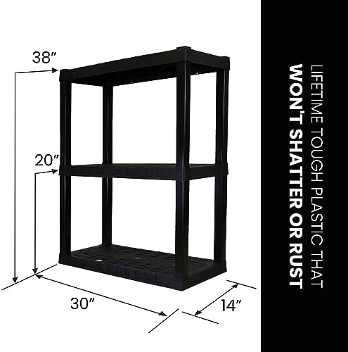 Oskar Heavy Duty Plastic Storage Shelves- for Garage, Kitchen, Bathroom Basement Kids Room, Stackable 3-Tier Black Organizer Rack for Books Shoes, Toys, Pantry, Cleaning and Closet Organization