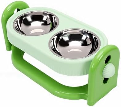 Pssopp Cat Feeding Station Adjustable Elevated Cat Bowl, Anti Vomiting Slanted Tilted Double Bowls Design Food and Water Dispenser Stand for Indoor Pets Supplies (Green)
