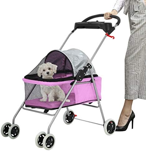 Meet Perfect Pet Stroller for Small/Medium Dogs & Cats, Pink, Foldable | Waterproof fabric helps protect pets during outdoor travel; Mesh panels provide ventilation and visibility.