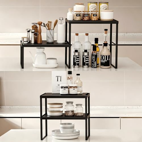 Spicy Shelf Stackable Kitchen Countertop Organizer Heavy Duty Kitchen Counter Shelf Metal Spice Rack for Countertop (2 Pack, Black)