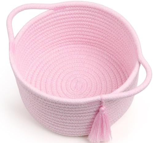 Small Gift Basket Empty to Fill, Cellophane Bag & Ribbon, Pink | Cute Decorative Mini Woven Rope Basket with Handles for Gifting; Reusable for Bathroom Counter or Desk Catchall, 8 x 4.7 in