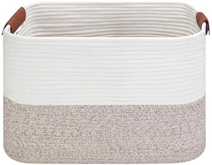 Large Cotton Rope Storage Basket with Leather Handles, Laundry Hamper Basket, 20 "L x 14" W x 12 "H, Durable & Stylish Organizer for Home.(Large Brown)