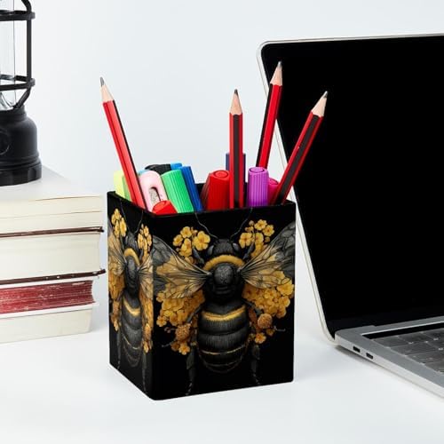 Bee Pen Holder for Desk Decor, Rectangular PVC Leather Pencil Cup for Desk Pen Organizer, Makeup Brush Holder for School, Home, Office