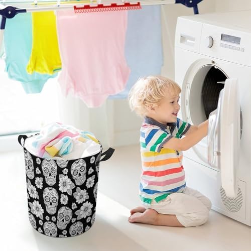 Waterproof Foldable Basket with Handles Floral Sugar Skulls Black, Large Capacity Laundry Hamper for Clothes, Toys, and Home Organization