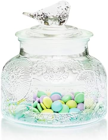 Decorative Flora Embossed Glass Jar with Glass Bird Lid, 25.4 fl. oz | Wide mouth vintage storage canister, kitchen pantry bathroom organization, coffee sugar tea cookie candy candle vase gift