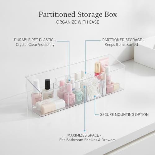 Partitioned Storage Box, Clear PET Plastic Organizer with Dividers for Bathroom Shelf and Drawer, Keeps Small Items Sorted and Visible (1 PC)