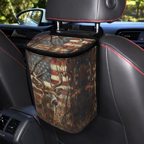 DISNIMO American Flag Camo Deer Car Trash Can with Lid Leak Proof Trash Bin Garbage Bag Collapsible Automatic Portable Trash Can Easy to Clean Used in Car Home Office