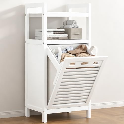 VASMIA Tilt Out Laundry Hamper,Bamboo Laundry Storage Cabinet with Shelf,10 Gal Hidden Laundry Basket Organizer for Bathroom,Laundry Room,White