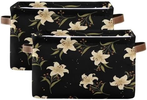 Kigai Lily Flower Storage Basket with Handles Waterproof Collapsible Storage Bin Canvas Fabric Basket Decorative Box Closet Organizer for Nursery Bedroom Office