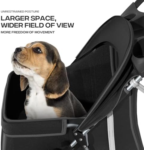 Foldable 3-Wheel Pet Stroller for Small/Medium Dogs & Cats, Black | Storage Basket & Cup Holder, Breathable Mesh Cover, Lightweight and Durable, for Small to Medium Pets, up to 33 lbs