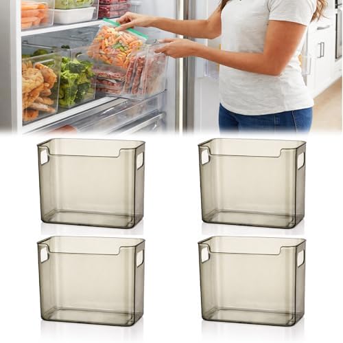Crystal Clear Freezer Storage Bins, Clear Plastic Bins Stackable Pantry Drawer Plastic Organizers Containers with Handle for Refrigerator Fridge Cabinet Kitchen Countertops Cupboard (Green L, 4Pcs)