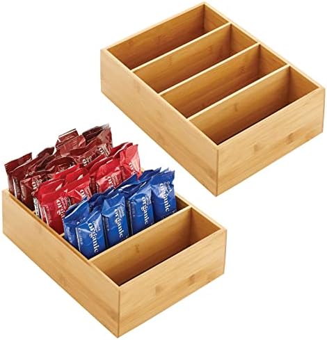 mDesign Bamboo Wood Food Storage Organizer Box, 4 Section, Divided Compartment Bin; Container for Kitchen, Pantry; Holder for Spices, Snacks, Tea, Coffee Cup - Echo Collection - 2 Pack - Natural