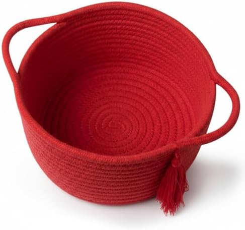 Small Gift Basket Empty to Fill with Cellophane Bag & Ribbon, Red | Cute Decorative Mini Woven Rope Basket with Handles for Gifting; Reusable for Bathroom Counter or Desk Catchall, 8 x 4.7 in