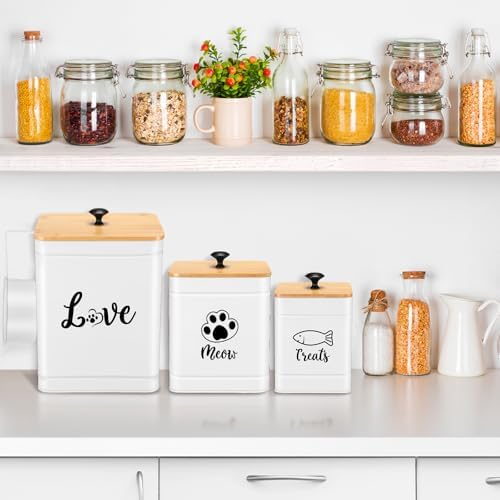 Jingmore Metal Airtight Cat Food Containers Set of 3 with Bamboo Lids and Spoon 7+3+2 Lbs Cat Treat Storage Container Countertop with DIY Labels Pet Cookie Organizer Jars for Kitchen Counter(White)
