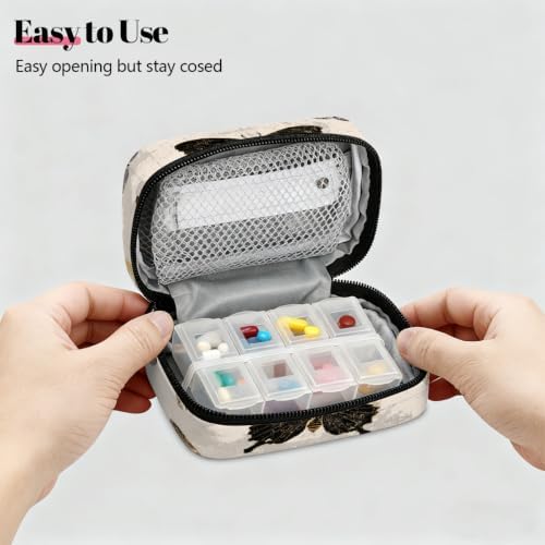 Travel Pill Organizer Vintage Gold Black Butterfly Small Pill Case