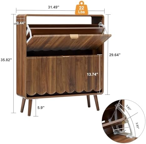 ORRD Shoe Storage Cabinet for Entryway with 2 Flip Drawers Set of 2, Freestanding Narrow Wood Shoe Cabinet with Wave Panel, Hidden Shoe Organizer for Foyer, Hallway (Walnut)