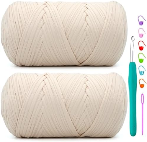 2 Pack Tshirt Yarn for Crochet,Beige T Shirt Soft Elastic Fabric Chunky Thick T-Shirt Crochet Yarn for Crocheting Knitting Beginner Hand Knitting Bag/DIY Craft/Home Decor 2 * 400G-Beige