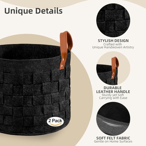 BOLDMONKEY Laundry Basket 15" x15 " x13 " 2 Pack, Round Blanket Basket with Leather Handle, Felt Storage Basket for Living Room, Nursery, Dog Toys-Dark Gray