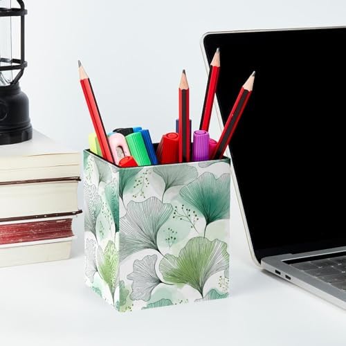 Ginkgo Leaves Pen Holder for Desk Decor, Rectangular PVC Leather Pencil Cup for Desk Pen Organizer, Makeup Brush Holder for School, Home, Office