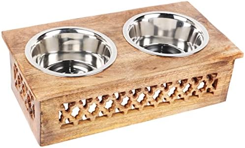Wooden Elevated Pet Feeder Station with 2 Stainless Steel Bowls | Raised Dog & Cat Feeding Stand | Food & Water Bowl Holder for Cats, Puppies | Wooden Pet Dining Table | 16 x 8.5 x 5 Inches