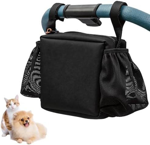 Dog Stroller Caddy Bag, Pet Stroller Storage Pouch with Cup Holder and Waste Bag Outlet, Large Capacity Hanging Organizer for Cats Dogs Outdoor Travel