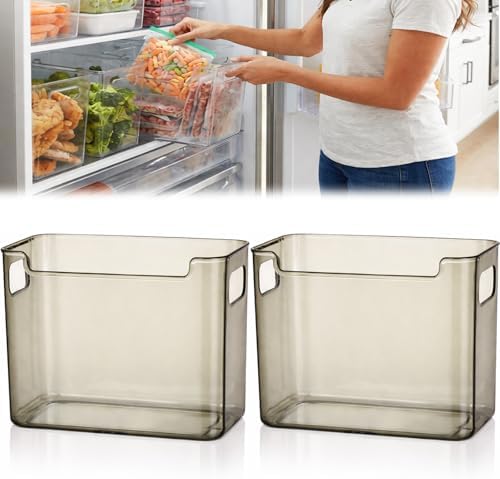 Crystal Clear Freezer Storage Bins, Clear Plastic Bins Stackable Pantry Drawer Plastic Organizers Containers with Handle for Refrigerator Fridge Cabinet Kitchen Countertops Cupboard (Green L, 2Pcs)