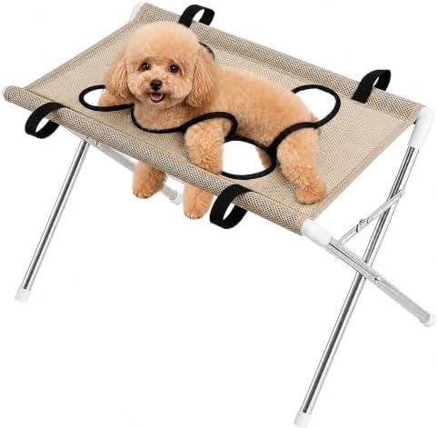 Foldable Pet Bathing Stand, Pet Grooming Hammock with Quick-Dry Mesh, 8-Hole Design, Metal Frame & Securing Strap for Small Dogs Cats Washing, Nail Trimming, Brushing (Coffee)
