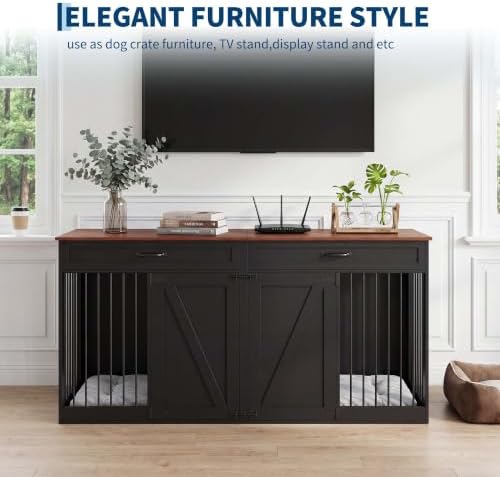 71'' Dog Crate Furniture for 2 Dogs, Dog Crate with 2 Drawer, Farmhouse Dog Crate with Removable Divider Dog Kennel Furniture, Heavy Duty Dog Cage and TV Stand for Large Medium Dogs