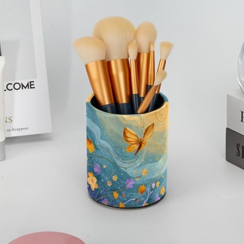 Faux Leather Pen Holder for Desk, Pencil Organizer Butterfly Pen Cup Desk Decor Makeup Brush Holder Storage for Office Home