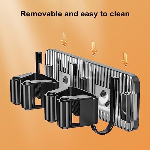 Mop Broom Holder,Wall Mount Wood Broom Mop Hanger, Racks Stainless Steel, Wall Mount Metal Organization,Heavy Duty Hooks Self Adhesive for Daily Household Cleaning Supplies Placement & Storage Grey