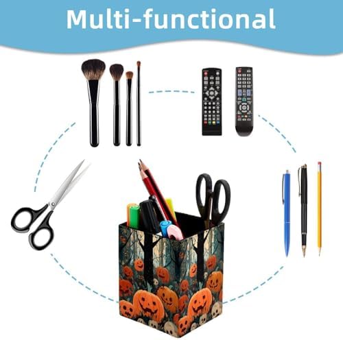 Halloween Pumpkin Pen Holder for Desk Decor, Rectangular PVC Leather Pencil Cup for Desk Pen Organizer, Makeup Brush Holder for School, Home, Office