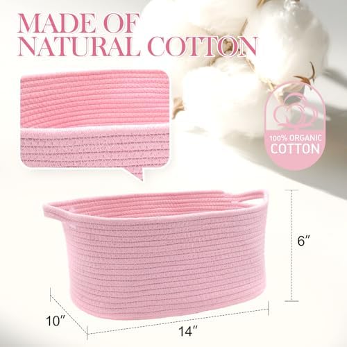 Woven Basket with Gift Bags and Ribbons, 14"X 10" X 6" Storage Basket Pink | Gift Storage Organizer Basket Bin Shelf Shelves Cotton Rope Basket for Nursery, Pet Toys