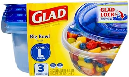 Glad GladWare Big Bowl Food Storage Containers, Large, 48 Oz, 3 Count, 6-Pk | Lock-tight seal for soups, salads, and meal prep in a large round format; microwave and dishwasher safe