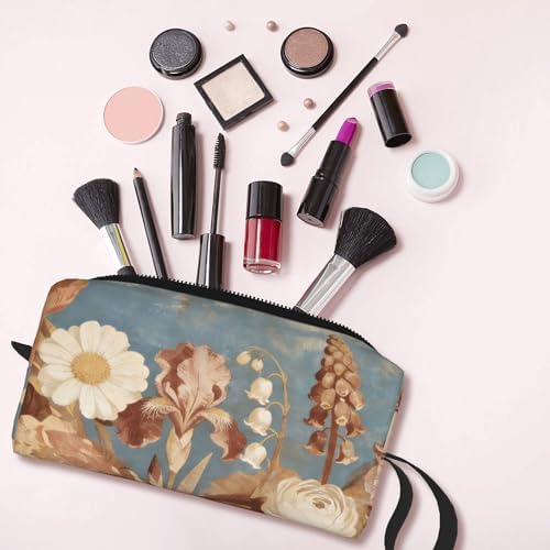 Vintage Blue Floral Garden Makeup Bag for Women with Wrist Strap | Durable 600D Oxford Fabric Cosmetic Organizer,Compact Travel Pouch with Handle for Gym & Daily Use