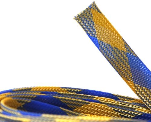 Jutagoss PET Expandable Braided Cable Sleeve, 32.8ft - 9/16 inch Blue Yellow Cable Management Sleeve, Wire Loom Tube Cord Protector for USB Cable, Power Cord, Audio Video and More, 1Pc