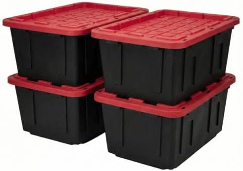 27 Gallon Heavy-Duty Storage Totes with Secure Snap Lids, 4-Pack Stackable Plastic Bins for Garage, Basement, Attic Organization - Black Base & Red Lid, Lockable Design for Indoor/Outdoor Use (4 PACK)