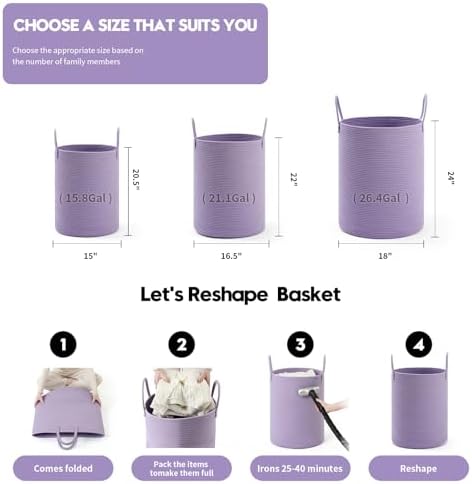 Laundry Basket Hamper Tall Rope Storage Woven for Blanket toys Dirty Clothes in Living Room Bathroom Bedroom (Purple, 100L/26.4Gal)
