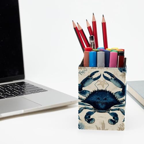 Retro Crab Pen Holder for Desk Decor, Rectangular PVC Leather Pencil Cup for Desk Pen Organizer, Makeup Brush Holder for School, Home, Office