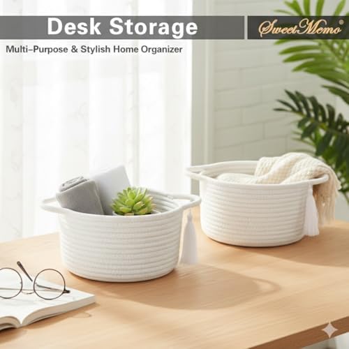3-Pack Small Gift Basket Empty to Fill with Gifts Bag & Ribbon, White | Cute Decorative Mini Woven Rope Basket with Handles for Gifting; Reusable for Bathroom Counter or Desk Catchall, 8 x 4.7 in
