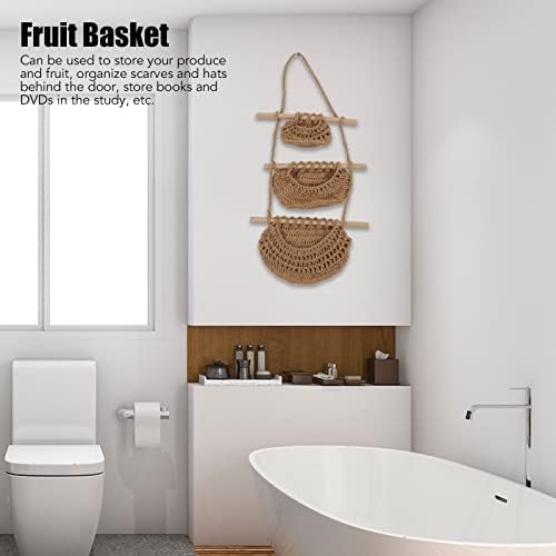 Hanging Fruit Basket 3 Tier Wall Mounted Handcraft Hemp Rope Wood 3 Tier Hanging Wall Basket for Toys Pet Plush Toys Dolls , Over the Door Hanging Basket , 3 hanging basket nursery organizers and s