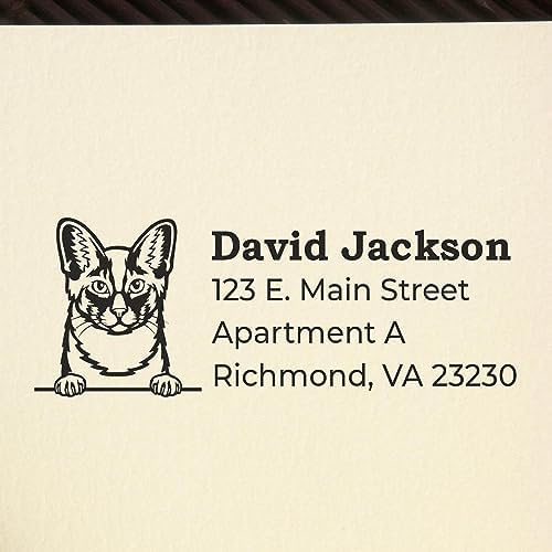Peeking Oriental Longhair Cat Self-Inking Address Stamp - Custom Stamper | Oriental Longhair Cat Address Ink Stamp Made to Order. Rectangular Address Stamp for Housewarming Gifts. 4 lines. Laser-cut.